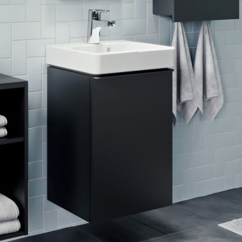 Product Lifestyle Image close up of Geberit Smyle Square Matt Lava 450mm Vanity Unit and Washbasin - 500.351.JK.1/500.350.JK.1 & 500.222.01.1